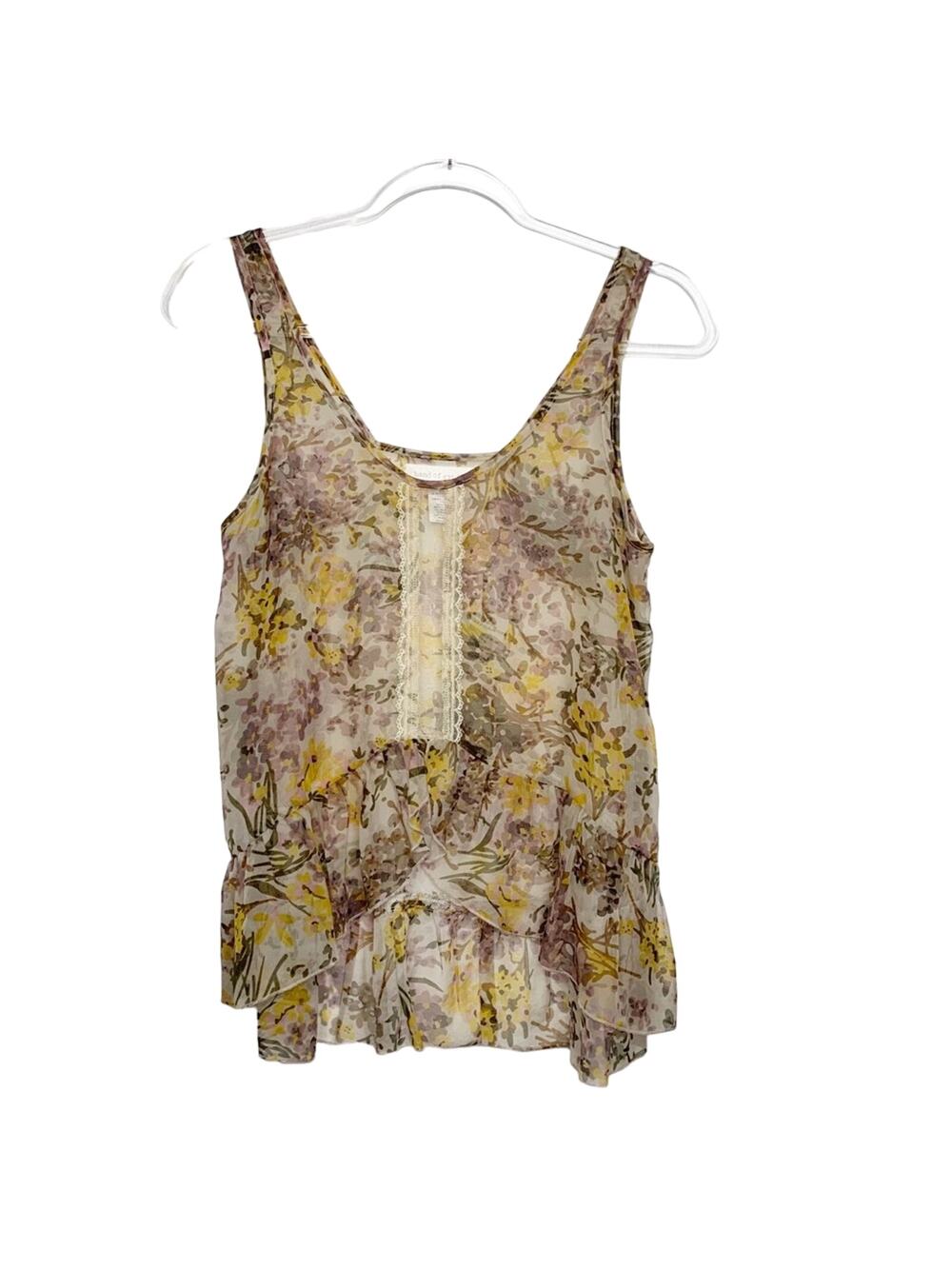 BAND OF GYPSIES Floral High Low Sheer Tank Top Ruffled Scoop Neck Tan Yellow XS